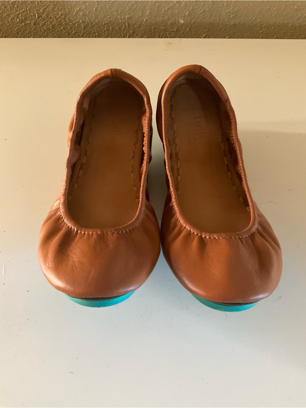 Tieks Women's Tan Leather Ballet Flats with Teal Soles